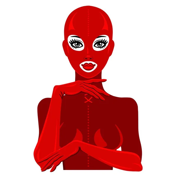 Animation Πορτρέτο Της Όμορφο Κορίτσι Ένα Κόκκινο Κοστούμι Λατέξ Και — Διανυσματικό Αρχείο