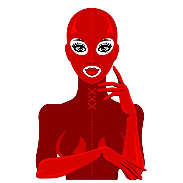 Portrait Animation Belle Fille Costume Masque Latex Rouge Modèle Pour — Image vectorielle