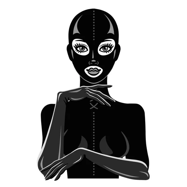 Animáció Portréja Gyönyörű Lány Egy Fekete Latex Suit Maszk Erotikus — Stock Vector