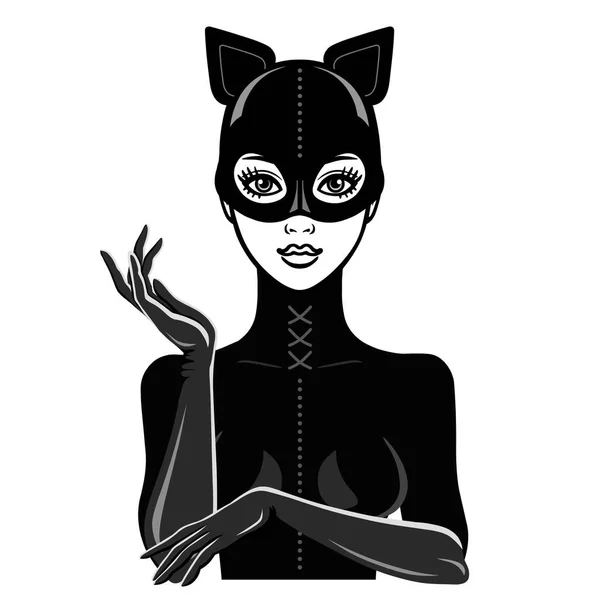 Retrato Animação Menina Bonita Terno Látex Preto Gato Máscara Modelo —  Vetores de Stock