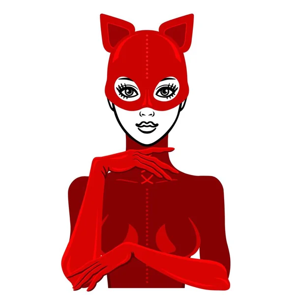 Animaci Portrét Krásné Dívky Červené Latexové Oblek Maska Kočka Šablona — Stockový vektor