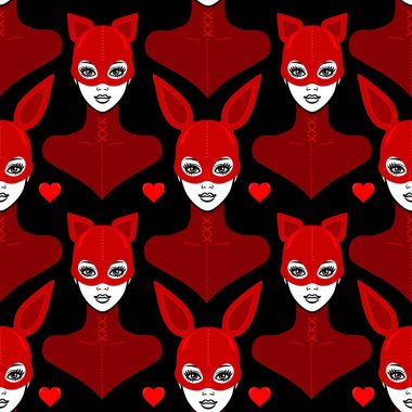 Sorunsuz arka plan - bir lateks maske ve giysi kedi ve tavşan bbeautiful kızlarda animasyon portresi. Erotik içerik şablonu. Vektör çizim. Baskı, poster, tişört, kumaş, duvar kağıdı.