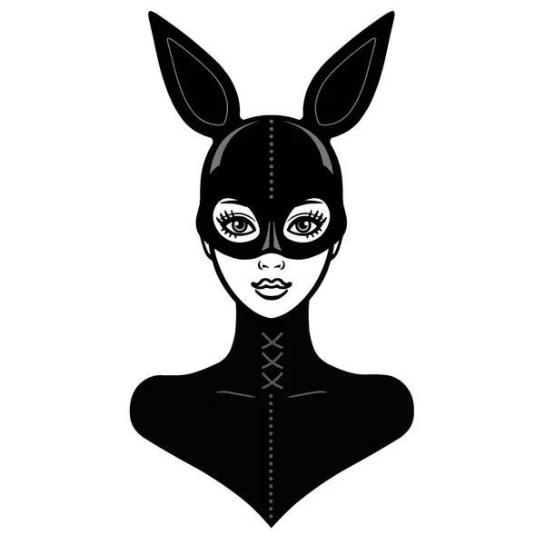 Animaci Portrét Krásné Dívky Černé Latexové Oblek Maska Králíka Šablona — Stockový vektor