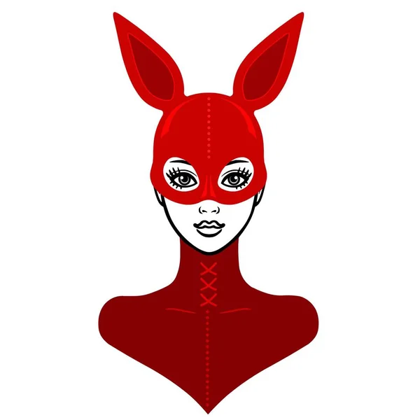 Portretul Animație Fetei Frumoase Într Costum Latex Roșu Iepure Mască — Vector de stoc