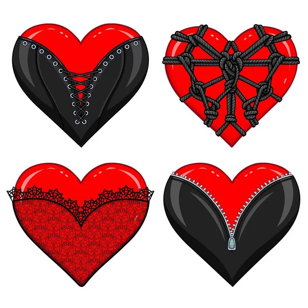 Animasyon kalpler erotik giysiler ve aksesuarlar kümesi. Lateks, shibari, dantel, korse. Erotik içerik şablonu. Beyaz bir arka plan üzerinde izole vektör çizim. Baskı, poster, tişört, kart. 