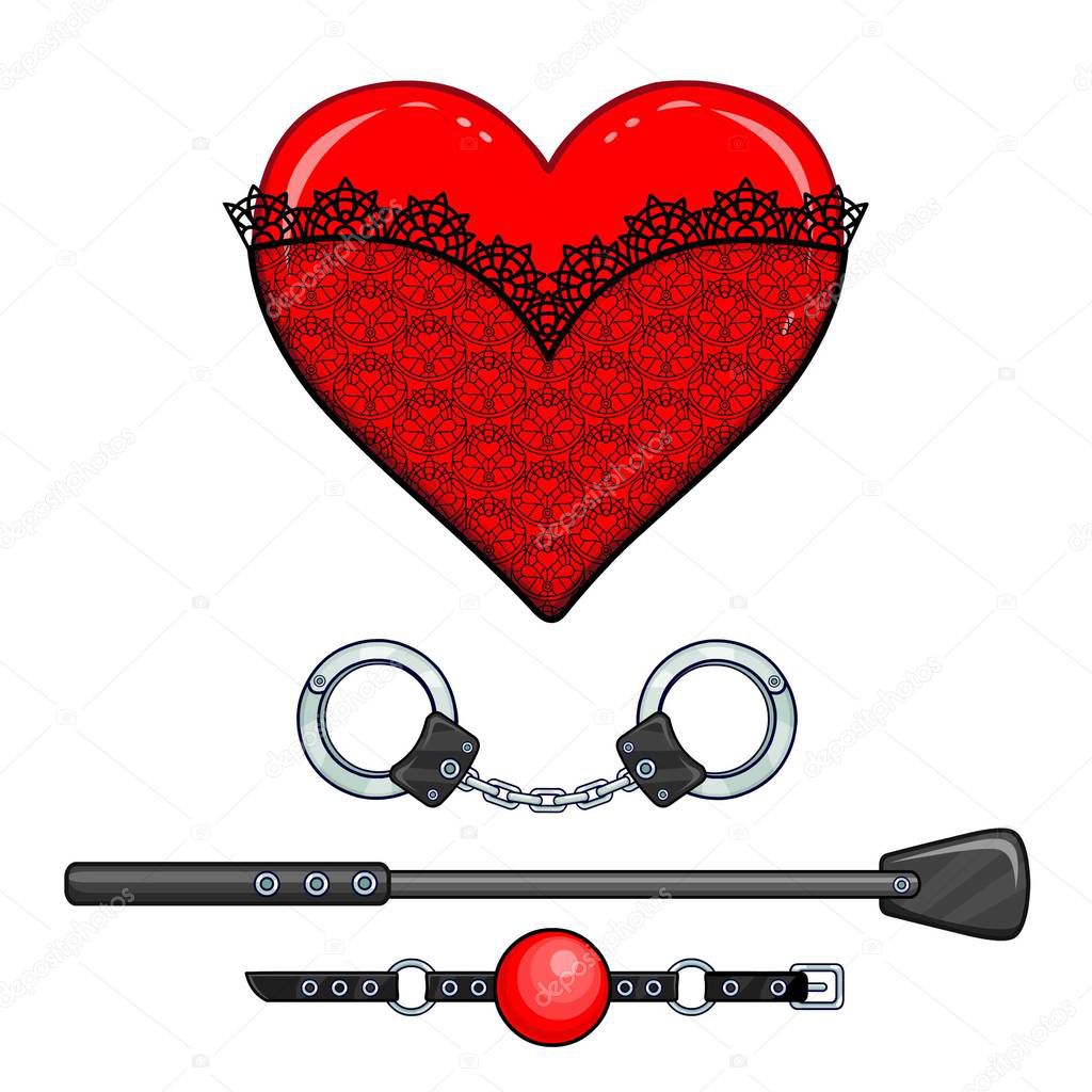 Animation heart in lacy clothes. Set of erotic toys: handcuffs, stack, ball gag. Template for erotic content. Vector illustration isolated on a white background. Print, poster, t-shirt, card. 