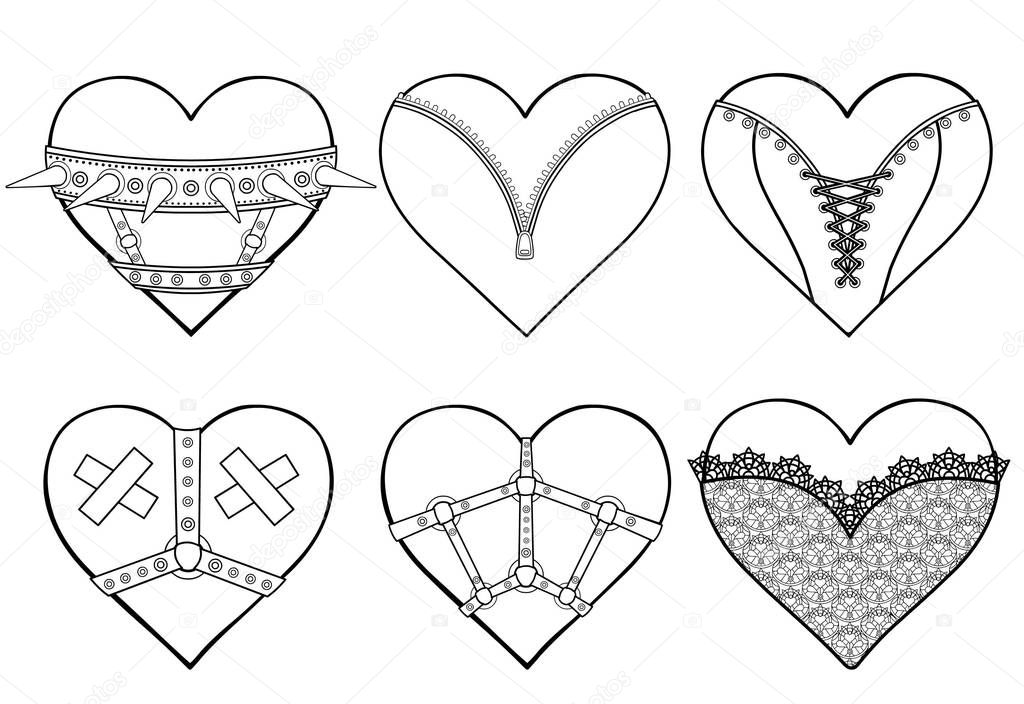 Set of animation hearts in erotic clothes and accessories. Latex, lace, collar, corset. Template for erotic content. Vector illustration isolated on a white background. Print, poster, t-shirt,