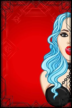 Animasyon kart: a yaka güzel kadını yalıyor dudaklar. Kırmızı bir arka plan, dekoratif çerçeve, metni için bir yer. Erotik içerik şablonu. Vektör illüstrasyon izole. Baskı, poster, afiş.