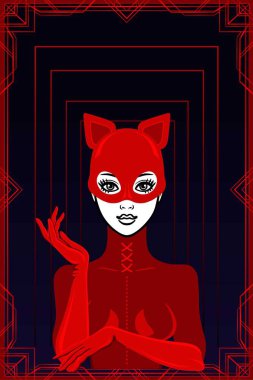 Animasyon bir lateks kıyafet ve maske kedi güzel kadın portresi. Siyah arka plan, kırmızı patten çerçeve. Metni için bir yer. Erotik içerik şablonu. Vektör çizim. Baskı, poster, kart 