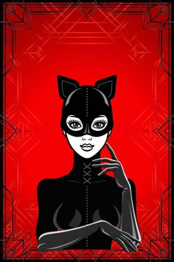 Animasyon bir lateks kıyafet ve maske kedi kadın portresi. Kırmızı arka plan, siyah patten çerçeve. Metni için bir yer. Erotik içerik şablonu. Vektör çizim. Baskı, poster, kart 