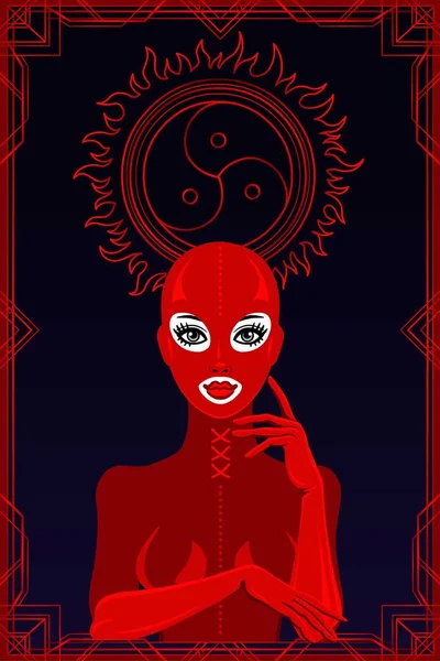 Retrato Animación Mujer Traje Látex Máscara Fondo Negro Marco Rojo — Vector de stock