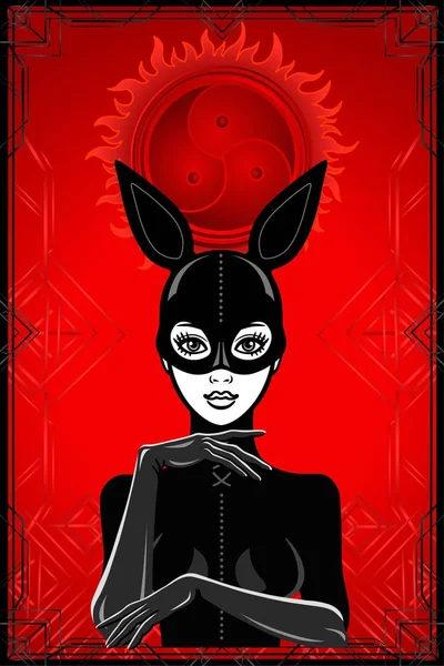 Animaci Portrét Ženy Latexu Obleku Maska Králíka Červené Pozadí Černý — Stockový vektor