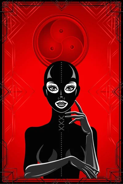 Retrato Animación Mujer Traje Látex Máscara Fondo Rojo Marco Negro — Vector de stock