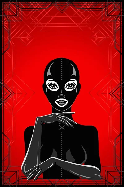 Portrait Animation Femme Costume Masque Latex Arrière Plan Rouge Cadre — Image vectorielle