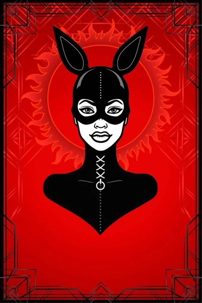 Retrato Animación Mujer Traje Látex Máscara Conejo Fondo Rojo Marco — Archivo Imágenes Vectoriales