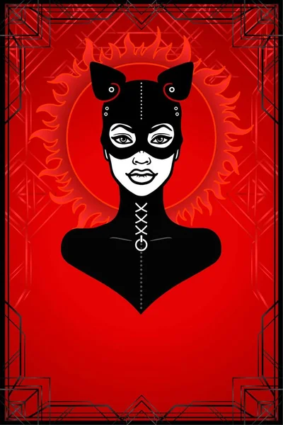 Animaci Portrét Ženy Černé Latexové Oblek Maska Kočka Červené Pozadí — Stockový vektor