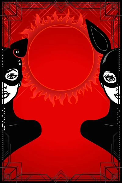 Portrait Animation Deux Femmes Costume Masque Latex Noir Chat Lapin — Image vectorielle