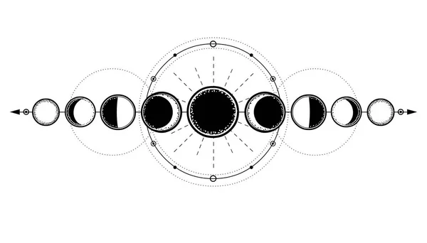 Dibujo Místico Fases Luna Círculos Energía Geometría Sagrada Alquimia Magia — Vector de stock