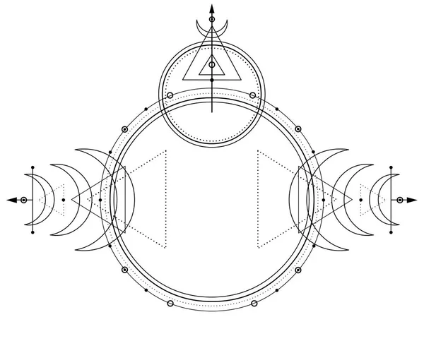 Disegno Mistico Cerchi Triangoli Luna Schema Energia Geometria Sacra Alchimia — Vettoriale Stock