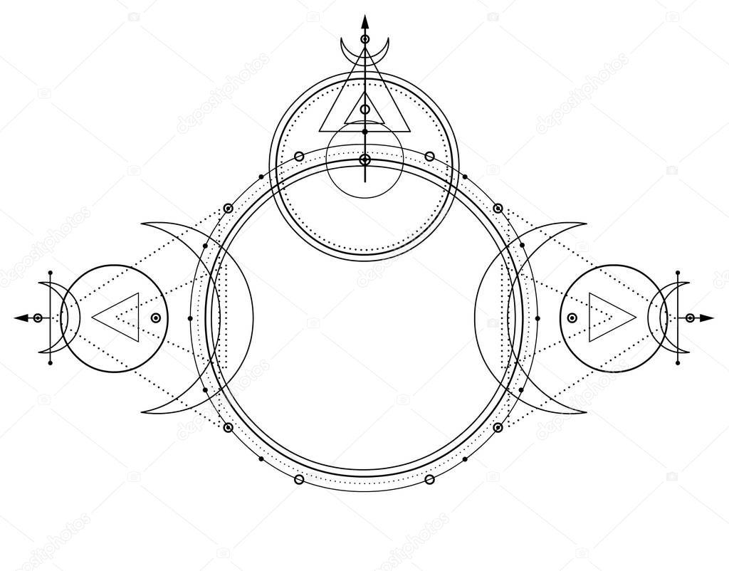 Mystical drawing: circles, triangles, moon, scheme of energy. Sacred geometry. Alchemy, magic, esoteric, occultism. Monochrome Vector Illustration isolated on a white background.
