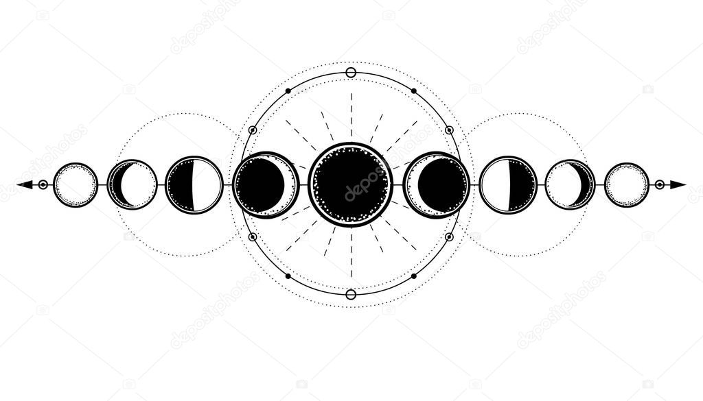 Mystical drawing: phases of the moon, energy circles. Sacred geometry. Alchemy, magic, esoteric, occultism. Monochrome Vector Illustration isolated on a white background.