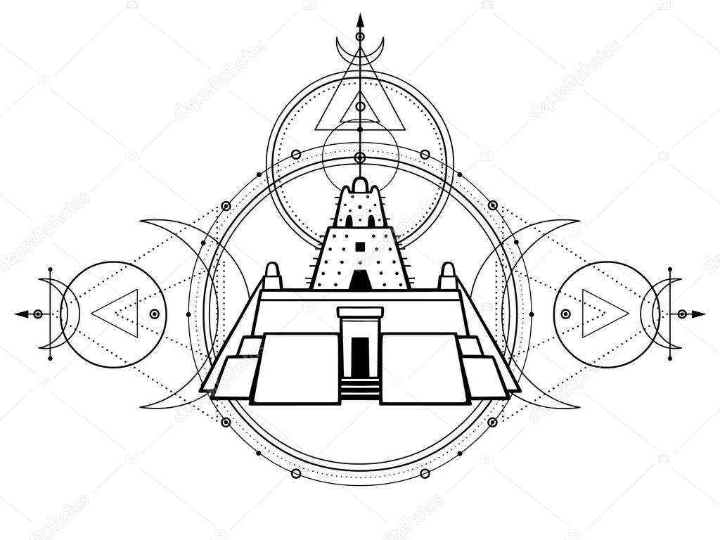 Mystical drawing - an ancient ziggurat, lunar symbols, energy circles, Sacred geometry. Alchemy, magic, esoteric, occultism. Monochrome Vector Illustration isolated on a white background.