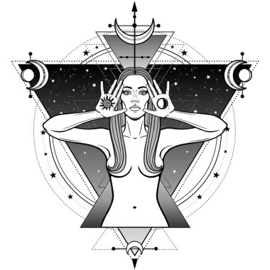 Mistik çizim: güzel kadın el güneş ve ay sembolleri tutar. Arka plan-yıldız gökyüzü, kutsal geometri. Simya, büyü, Esoterik, okcultism. Mono vektör Illustration izole 