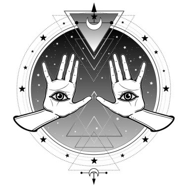Mistik çizim: insan elleri bir her şeyi bilme göz var. Arka plan-gece yıldızı gökyüzü, kutsal geometri. Simya, büyü, Esoterik, okcultism. Mono vektör Illustration izole 