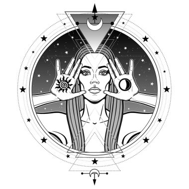 Mistik çizim: güzel kadın el güneş ve ay sembolleri tutar. Arka plan-yıldız gökyüzü, kutsal geometri. Simya, büyü, Esoterik, okcultism. Mono vektör Illustration izole 