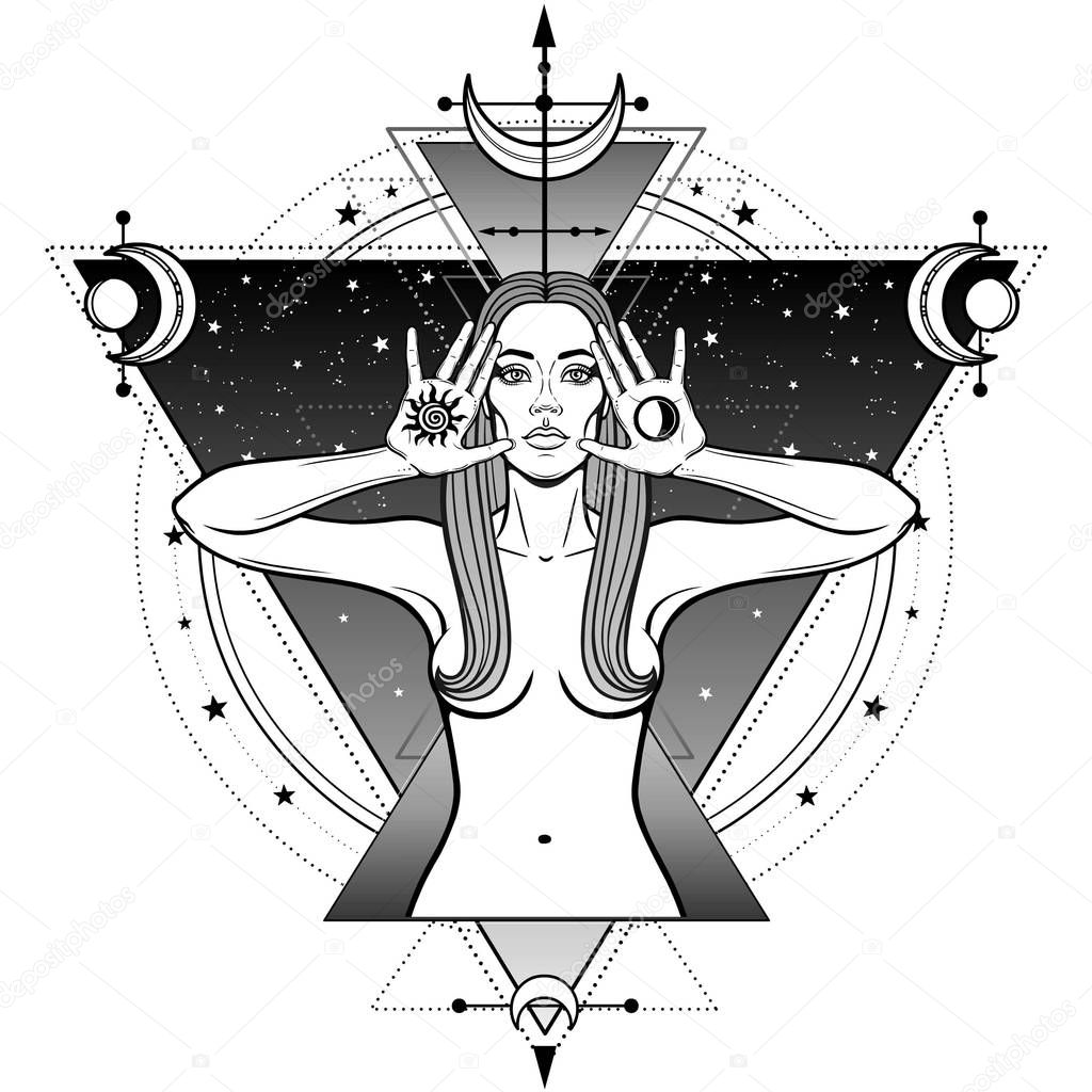 Mystical drawing: beautiful woman holds symbols of  sun and moon in hand. Background - star sky, Sacred geometry. Alchemy, magic, esoteric, occultism. Monochrome Vector Illustration isolated 