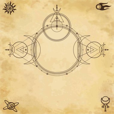 Mistik çizim: daireler, üçgenler, ay, enerji şeması. Kutsal geometri. Uzay sembolleri. Simya, büyü, Esoterik, okcultism. Arka plan-eski kağıt taklit. Vektör Illustration.