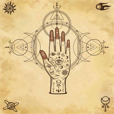 Mistik çizim: insan eli, kutsal geometri, her şeyi bilme göz. Uzay sembolleri. Simya, büyü, Esoterik, okcultism. Arka plan-eski kağıt taklit. Metin için yerleştirin. Vektör Illustration.