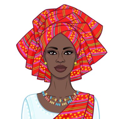 Animation portrait of the beautiful  black woman in a turban and ethnic jewelry. Color drawing. Vector illustration isolated on a white background.Template for use. clipart