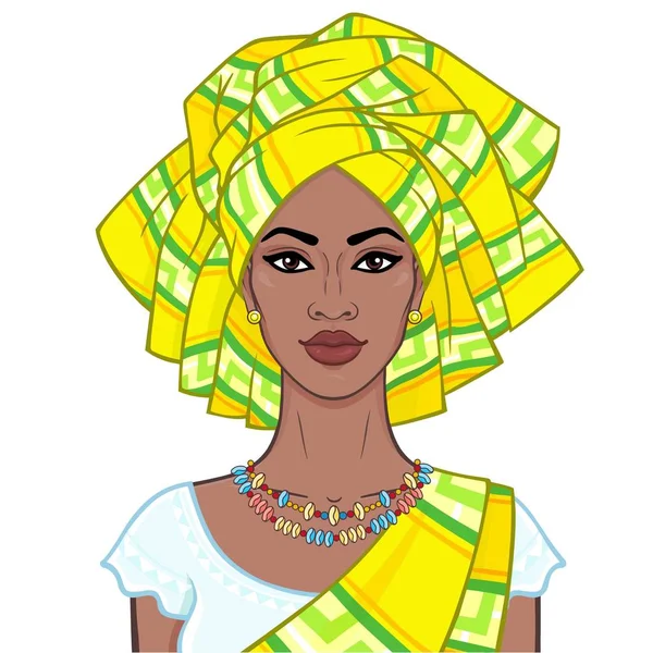 动画肖像美丽的黑人女子在头巾和民族首饰 彩色绘图 在白色背景上被隔绝的向量例证 使用模板 — 图库矢量图片