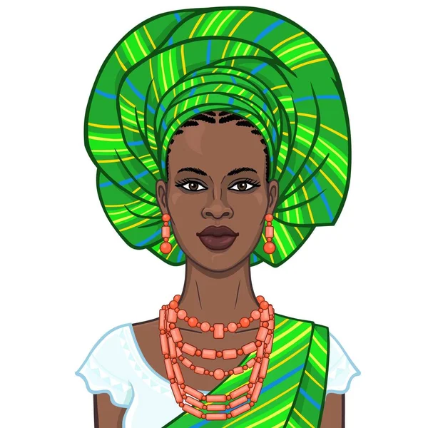 Animation Portrait Beautiful Black Woman Turban Ethnic Jewelry Color Drawing — Stock Vector