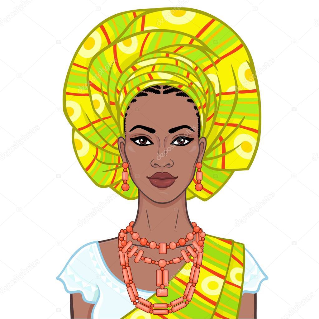 Retrato De Animaci n De La Hermosa Mujer Negra Con Turbante Y Joyas retrato-de-animaci-n-de-la-hermosa-mujer-negra-con-turbante-y-joyas