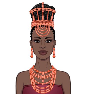 Animation portrait of the beautiful  black woman in a traditional ethnic jewelry. Princess, Bride, Goddess. Color drawing. Vector illustration isolated on a white background.Template for use. clipart