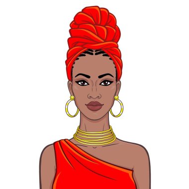 Animation portrait of the beautiful  black woman in a red turban and gold jewelry. Ethnic style. Color drawing. Vector illustration isolated on a white background.Template for use. clipart