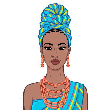 Bir türban ve etnik mücevher güzel siyah kadının animasyon portre. Renk çizimi. Vektör Illustration beyaz arka planda yalıtılmış. Kullanım için şablon.