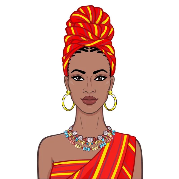 Retrato Animação Bela Mulher Negra Turbante Jóias Étnicas Desenho Cores — Vetor de Stock