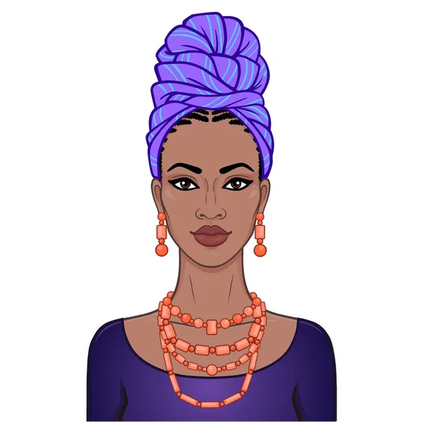 Retrato Animação Bela Mulher Negra Turbante Jóias Étnicas Desenho Cores —  Vetores de Stock