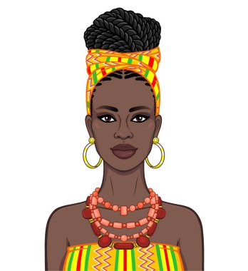 Animation portrait of the beautiful  black woman in a orange turban and ethnic jewelry. Color drawing. Vector illustration isolated on a white background.Template for use. clipart