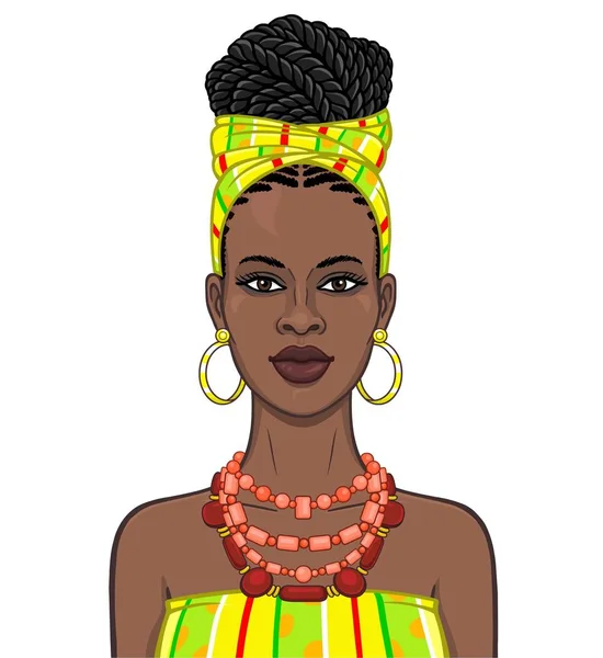 Animation Portrait Beautiful Black Woman Yellow Turban Ethnic Jewelry Color — Stock Vector