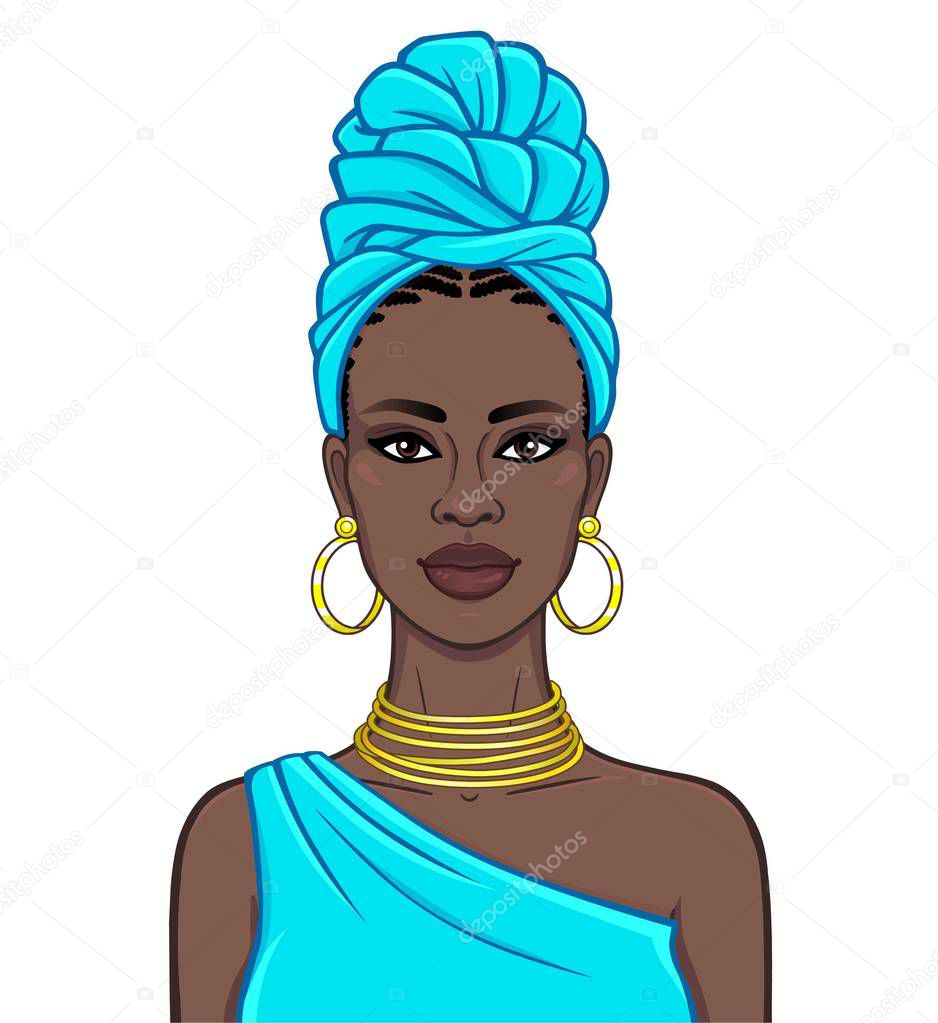 Animation portrait of the beautiful  black woman in a blue turban and gold jewelry. Ethnic style. Color drawing. Vector illustration isolated on a white background.Template for use.