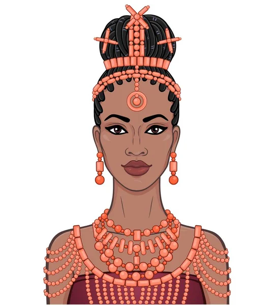 Animatie Portret Van Mooie Zwarte Vrouw Een Traditionele Etnische Sieraden — Stockvector