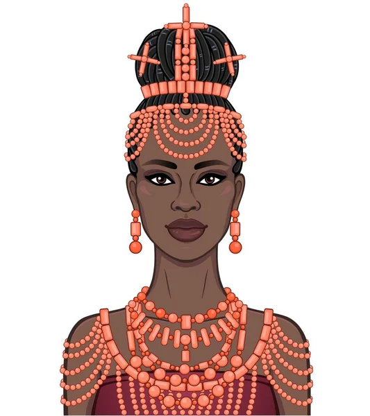 Geleneksel Bir Etnik Takının Içindeki Güzel Siyahi Kadının Animasyon Portresi — Stok Vektör