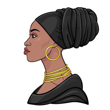 Afrika güzellik: bir türban güzel siyah kadının animasyon portre. Profil görünümü. Renkli çizim. Vektör çizimi beyaz bir arka plan üzerinde yalıtılmış. Baskı, poster, t-shirt, kart.