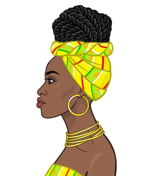 African Beauty Animation Portrait Beautiful Black Woman Turban Hairstyle Afro — Stock Vector