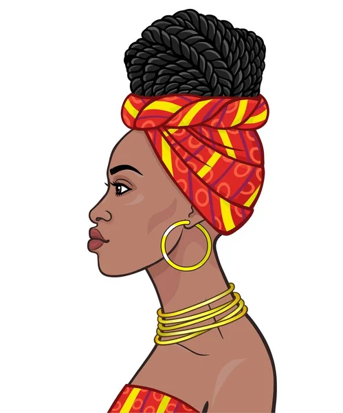 African Beauty Animation Portrait Beautiful Black Woman Turban Hairstyle Afro — Stock Vector