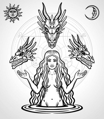 mistik çizim: güzel tanrıça ejderha başlarını tutar. Sihir, ezoterik, okültizm, peri masalı. Gri arka planda yalıtılmış tek renkli vektör çizimi. Baskı, poster, t-shirt, kart.